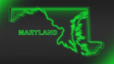 Neon Green Maryland Haritası Fütürist Dijital Işıltı Yarıtonlama İllüstrasyonu
