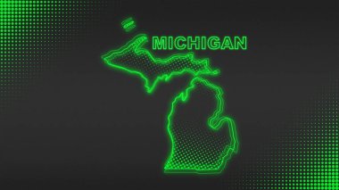 Neon Green Michigan Haritası Fütürist Dijital Işıltı Yarıton İllüstrasyonu
