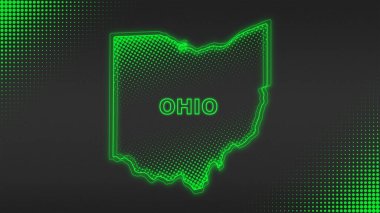 Neon Green Ohio Haritası Fütürist Dijital Işıltı YarıTonlama İllüstrasyonu