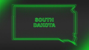 Neon Yeşil Güney Dakota Haritası Fütüristik Dijital Işıltı YarıTonlama İllüstrasyonu