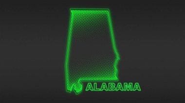 Neon Yeşil Alabama Haritası Fütürist Dijital Parıltı Yarıtonlama İllüstrasyonu