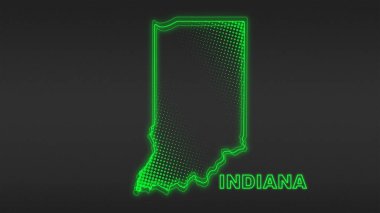 Neon Green Indiana Haritası Taslak Fütürist Dijital Parıltı YarıTonlama İllüstrasyonu