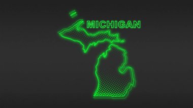 Neon Green Michigan Haritası Fütürist Dijital Işıltı Yarıton İllüstrasyonu
