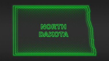 Neon Yeşil Kuzey Dakota Haritası Fütüristik Dijital Parıltı Yarıtonlama İllüstrasyonu