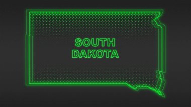 Neon Yeşil Güney Dakota Haritası Fütüristik Dijital Işıltı YarıTonlama İllüstrasyonu