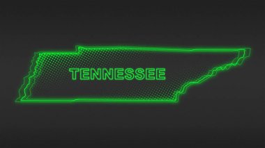 Neon Yeşil Tennessee Haritası Taslak Fütüristik Dijital Parıltı YarıTonlama İllüstrasyonu