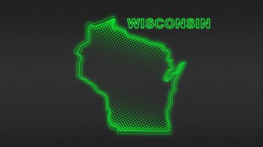 Neon Green Wisconsin Haritası Fütüristik Dijital Parıltı Yarıtonlama İllüstrasyonu