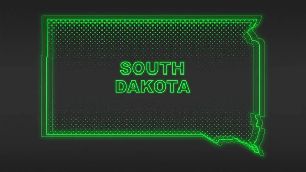 Neon Yeşil Güney Dakota Haritası Fütüristik Dijital Işıltı YarıTonlama İllüstrasyonu