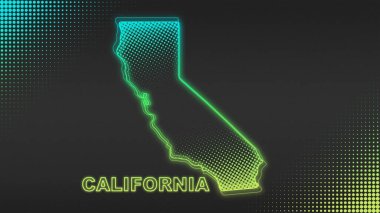 Neon Green California Haritası Fütürist Dijital Parıltı Yarıtonlama İllüstrasyonu