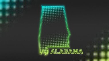 Neon Yeşil Alabama Haritası Fütürist Dijital Parıltı Yarıtonlama İllüstrasyonu