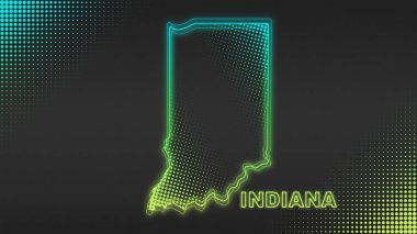 Neon Green Indiana Haritası Taslak Fütürist Dijital Parıltı YarıTonlama İllüstrasyonu