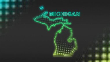 Neon Green Michigan Haritası Fütürist Dijital Işıltı Yarıton İllüstrasyonu