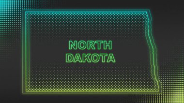 Neon Yeşil Kuzey Dakota Haritası Fütüristik Dijital Parıltı Yarıtonlama İllüstrasyonu