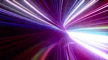 3D animasyon, sanal gelecekten hızlı uçuş, kıvrımlı ve dönüşlü, soyut neon arkaplan ve parlayan çizgiler