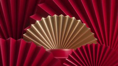 soyut 3d animasyon, dönen pervanelerle kırmızı altın sanat deco arka plan ve ürün sunumu için boş podyum