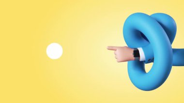 3D animasyon, iş adamı çizgi film karakteri, esnek düğümlü eller görünür ve boş yuvarlak çerçeveyi gösterir. En iyi öneri konsepti. Ticari iş kavramı sarı arka planda izole edildi