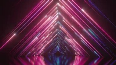 Sonu gelmeyen 4K animasyonu. Kırmızı mavi ışınlar ve parlak çizgilerle soyut neon arkaplan. Fütürist duvar kağıdı. Üçgen şekli ve yansıması olan boş sahne, sunum için vitrin
