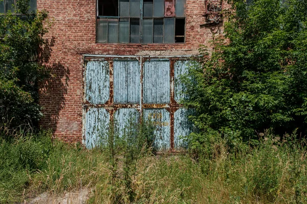 Terk edilmiş eski kırmızı tuğla bina. Ahşap çerçeveler, ahşap kapılar ve ağaçlar arasında boyası soyulan ahşap kapılar.
