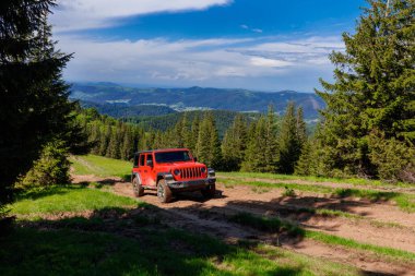 Kırmızı cip bulanık kumlu toprak bir yolda ilerliyor dağlardaki köknar ağaçları arasında mavi gökyüzü ve diğer tepelerin arka planına karşı.