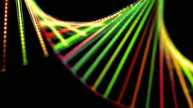 Soyut kıvrımlı renkli iplikler, moleküler yapıyı ve bilimsel keşfi temsil eden siyah bir arkaplana karşı DNA sarmalını andırıyor.