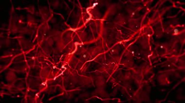 Karanlıkta Parlayan Filizler ve Parçacıklardan oluşan Soyut Kırmızı Ağ