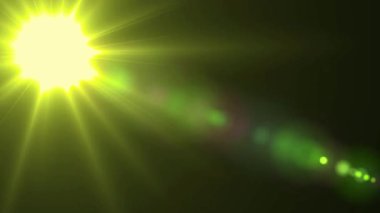 Işık saçan sarı bir ışık kaynağı sol üst köşeye hükmediyor ve karanlık arkaplanda bir lens patlaması etkisi yaratıyor. Görüntü, yoğun bir aydınlanma ve enerji hissi uyandırıyor. Enerjik ve soyut..