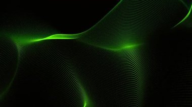 Siyah arkaplandaki küçük noktalardan oluşan yeşil bir dalga. Dijital sanat, tasarım ve fütüristik projeler için mükemmel. Dalga parlıyor, dinamik bir görsel etki yaratıyor..