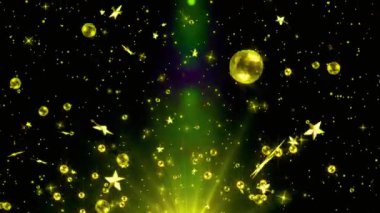 Yeşil ve sarı ışıklı siyah bir zemin üzerinde yüzen altın yıldızların ve kürelerin güzel bir görüntüsü. Bu tasarım efekti ışıltı ve parıltı eklemek için mükemmeldir. Tarzınla kutla!