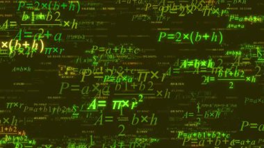 Matematiksel denklemlerin ve formüllerin koyu arkaplan gölgelerinde dijital gösterimi soyut ve karmaşık bir görsel temsil yaratır. Bu karmaşık bir sahne..