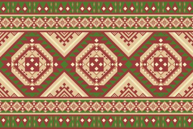 Terracotta, yeşil ve bej tonlarında kusursuz kabile geometrik deseni. Kumaş baskılar, duvar kağıtları, ambalaj kağıtları ve etnik dijital arka planlar için mükemmel..