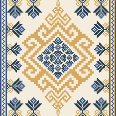 Altın rengi piksel desenli zarif etnik pikseller ve fildişi arka planda çivit tonları. Tekstil baskıları, nakış tasarımı, duvar kağıdı ve dijital arka planlar için mükemmel..