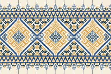 Kraliyet mavisi ve hardal sarısı tonlarında kusursuz kabile geometrik deseni, tekstil baskıları, duvar kağıtları, arka planlar ve etnik tasarım projeleri için ideal..