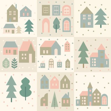 Yumuşak adaçayı renginde ve allık renginde minimum İskandinav köyü deseni. Tekstil, duvar kağıtları, hediye paketi, paketleme, çocuk tasarımı ve modern yüzey desen uygulamaları için mükemmel..