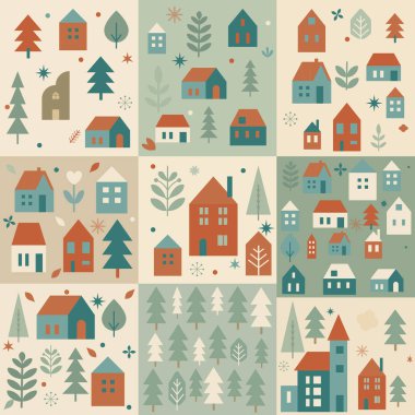 Paslı terakotta ve tozlu deniz mavisi tonlarında minimum İskandinav köyü deseni. Tekstil, ambalaj kağıdı, duvar kağıdı, çocuk projeleri ve modern dekoratif yüzey tasarımı için mükemmel..