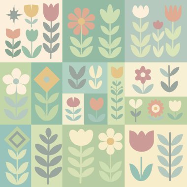 İskandinav halk çiçekleri yumuşak pastel renginde ve sessiz allık tonlarında. Tekstil, ambalaj, duvar kağıtları, hediye paketi, çocuk tasarımı ve modern yüzey desen uygulamaları için ideal.