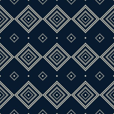 Derin Indigo Folk Elmassız Piksel Modeli. Paketleme, ambalaj kağıdı, kumaş, kırtasiye ve modern el işi ürünleri için ideal.