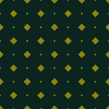Elmas ve nokta motifli asgari dikişsiz geometrik vektör deseni. Koyu yeşil toprak tonlarında tekrar eden temiz bir düzen. Tekstil, kumaş baskısı, duvar kağıdı, ambalaj kağıdı ve modern arka planlar için uygundur..