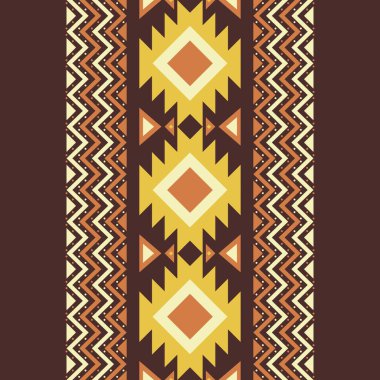 Folk elmas motifleri ve zigzag sınır elementleriyle kusursuz geometrik vektör deseni. Kahverengi, sarı ve terracotta tonlarında ılık toprak renginde bir palet. Tekstil, kumaş baskısı, duvar kağıdı ve etnik altyapı için ideal..