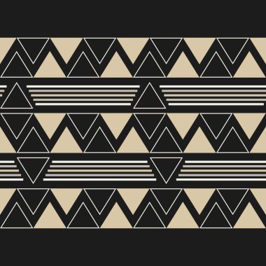 Tekrarlayan üçgenler ve çizgili çizgiler içeren kusursuz geometrik vektör deseni. Cesur modern tarzda yüksek kontrastlı siyah ve bej renk paleti. Tekstil, duvar kağıdı, ambalaj ve grafik arkaplan için elverişli.