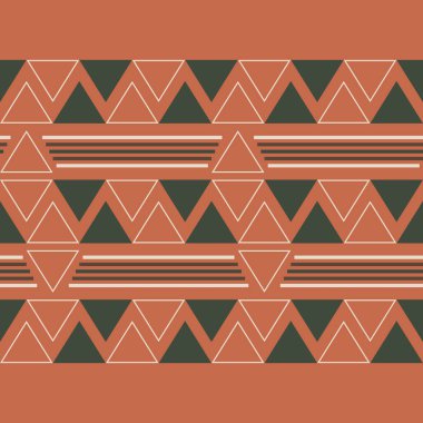 Tekrarlayan üçgen şekilleri ve çizgili çizgileri olan kusursuz geometrik vektör deseni. Sıcak terracotta ve sessiz yeşil palet modern grafik tarzıyla. Tekstil, duvar kağıdı, kumaş baskısı ve arka plan için ideal..