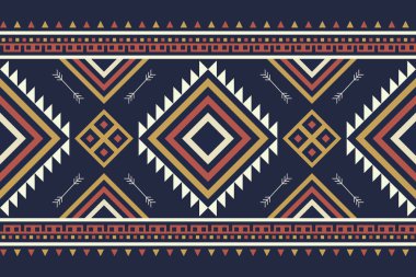 Yatay sınır bantlarına yerleştirilmiş elmas motifli etnik halk geometrik vektör deseni. Donanma ve toprak rengi paleti geleneksel tekstil ürünlerinden esinlenilmiştir. Kumaş kenarlıkları, süslemeler ve dekoratif paneller için ideal.