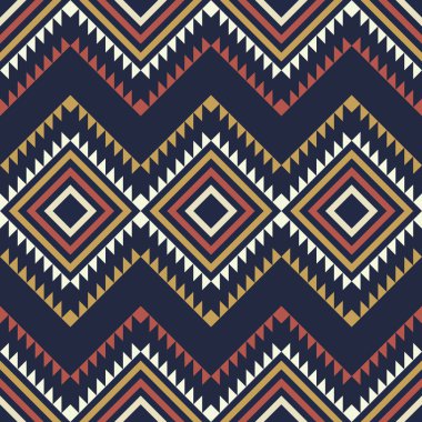 Pırlanta motifler ve kalın zigzag ritimleri içeren kusursuz etnik halk geometrik desenleri. Donanma ve sıcak toprak tonları geleneksel tekstil ürünlerinden esinlenilmiştir. Kumaşlar, duvar kağıtları ve dekoratif arka planlar için uygundur..