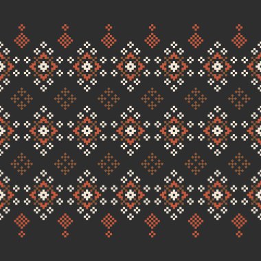 Folk pikseli elmas desen yatay bantlar halinde dizilmiş. Geleneksel nakış kumaş kenarları, budamalar, kurdeleler ve dekoratif tekstil düzenleri için uygun tasarım.