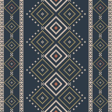 Yumuşak donanma dikey elmas paneli. Rafine zıtlık sınırları ve merkezi motifi olan pikselsel geometrik etnik tekstil, moda, kumaş ve iç dekora uygundur..