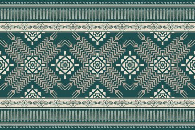 Geleneksel etnik pikseller, geometrik kenarlı elmas çizgili desen. Tekstil, döşeme, duvar kağıdı ve kumaş tasarımı için kusursuz yatay düzen.