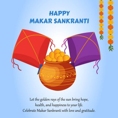 Kırmızı ve mor uçurtmalar kadife çiçekli altın sikkelerin üzerinde uçar Makar Sankranti