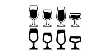 Basit siluetler ve temiz çizgiler içeren, partiler, kutlamalar ve tatil grafikleri için ideal, minimal siyah şarap kadehleri ikonu demeti. Festival ve yeni yıl tasarımları için mükemmel..