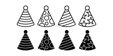 Basit şekilli ve temiz çizgileri olan en az siyah parti şapkası simgesi. Yeni yıl, parti ve tatil kutlamaları için ideal. Festival grafikleri ve olay dekorasyonları için mükemmel.