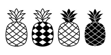 Geometrik desenli ve basit yapraklı minimal siyah ananas ikonu, tropikal, yaz ve gıda konsepti tasarımları için idealdir..