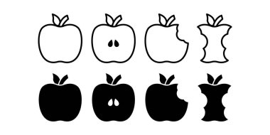 Temiz çizgileri ve minimal siluet tasarımı olan basit siyah elma ikonu, sağlıklı yiyecekler, meyve ve organik konsept çizimleri için mükemmel..